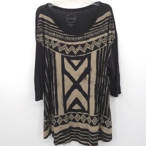 Lucky Brand Graphic Tee Women 2X Black Geometric Tribal Print 3/4 Sleeve Top